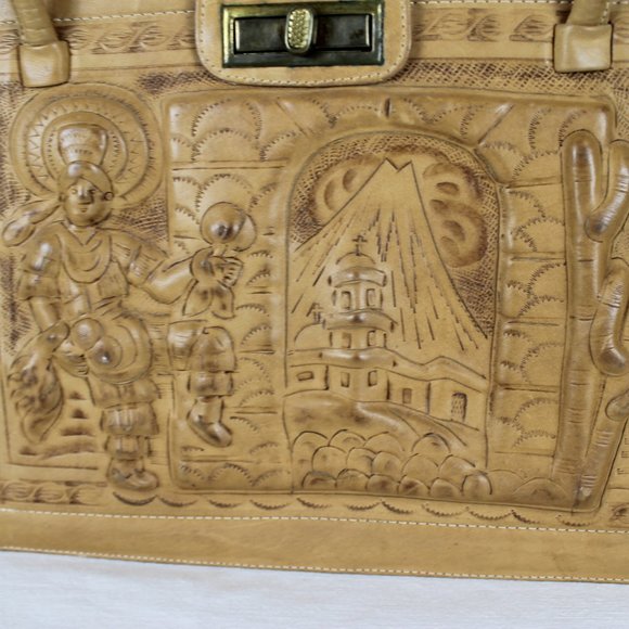 VTG AZTEC MEXICAN LEATHER FIESTA Purse Large Handtooled Tan Leather Shoulder Bag